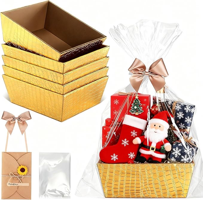 Wonderjune 20 Pcs Valentines Day Gift Baskets Empty To Fill Baskets For Gifts Empty With Gift Bag Bow Valentines Gifts Storage Basket Bulk for Wedding Party Wrapping(Gold)