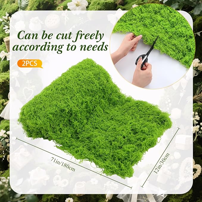 Zeyune 2 Pcs Fake Moss Table Runner for Crafts 12'' x 71'' Artificial Moss Sheet Roll Waterproof Carpet Blanket for Wall Roof Garden Wedding Birthday Party Table Decoration (Light Green)