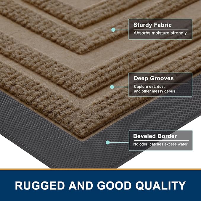 Buganda Front Door Mat Indoor Outdoor Entrance, Non-Slip Natural Rubber Doormats, Easy Clean, Low Profile, Dirt Trapper Entryway Floor Mats for Outside, Garages and Patios, 36x24, Light Brown