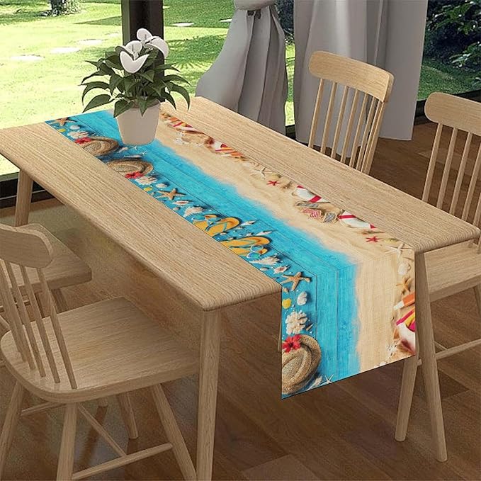 Summer Coastal Table Runner, Nautical Starfish Beach Seashell Ocean Retro Wooden Plank Seasonal Coffee Table Center Decor for Home Kitchen Dining Patio Holiday Party Table Decorations 13"x108"