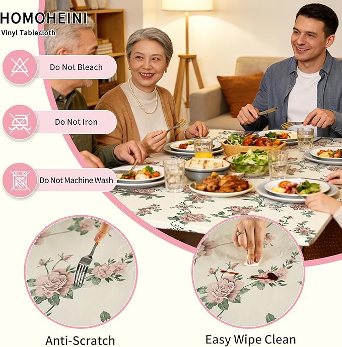Rectangle Picnic Table Cloth, Elastic Waterproof Fitted Vinyl Tablecloths for 6 Foot Tables, Wipeable Flannel Backed Table Covers for Dining, Camping, Outdoor(Rose,30"x72")