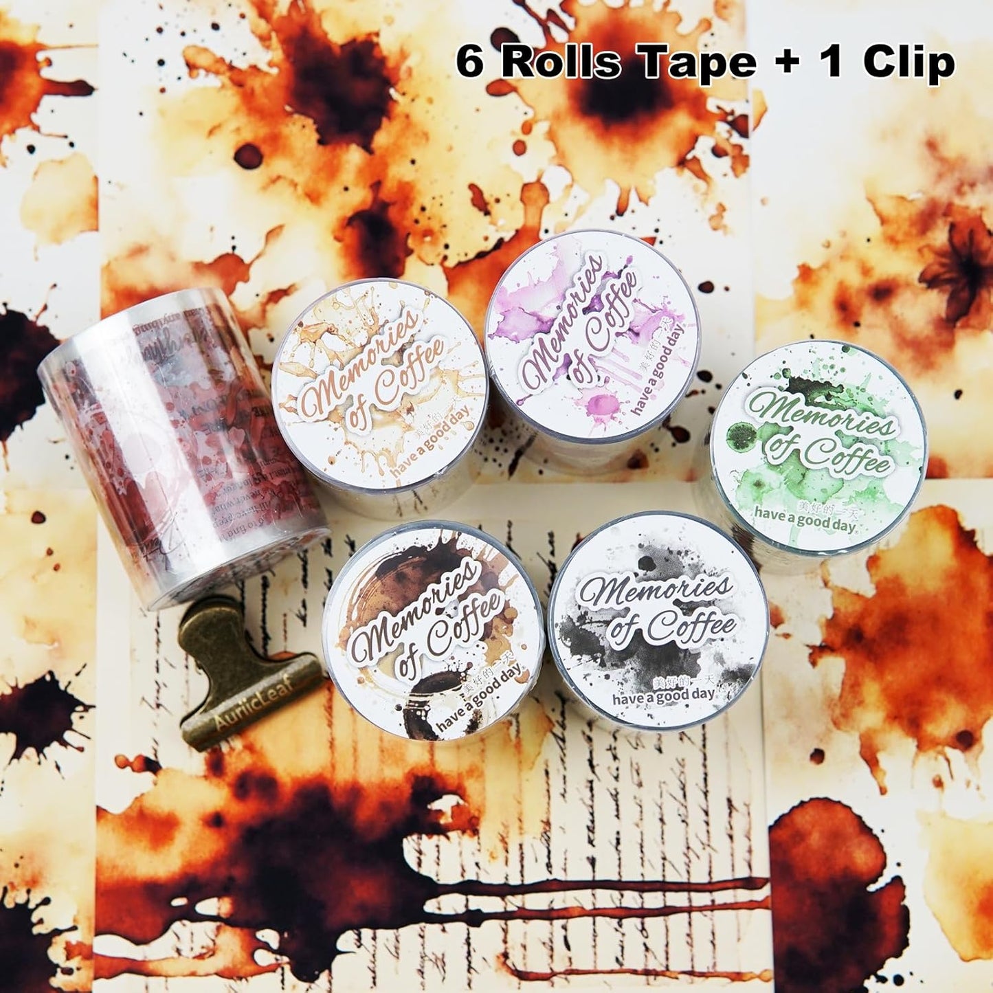 Memories of Coffee PET Tape Set, 6 Rolls Vintage Coffee Stain Stickers with Clip for Scrapbooking, Journaling, DIY and Crafts Supplies