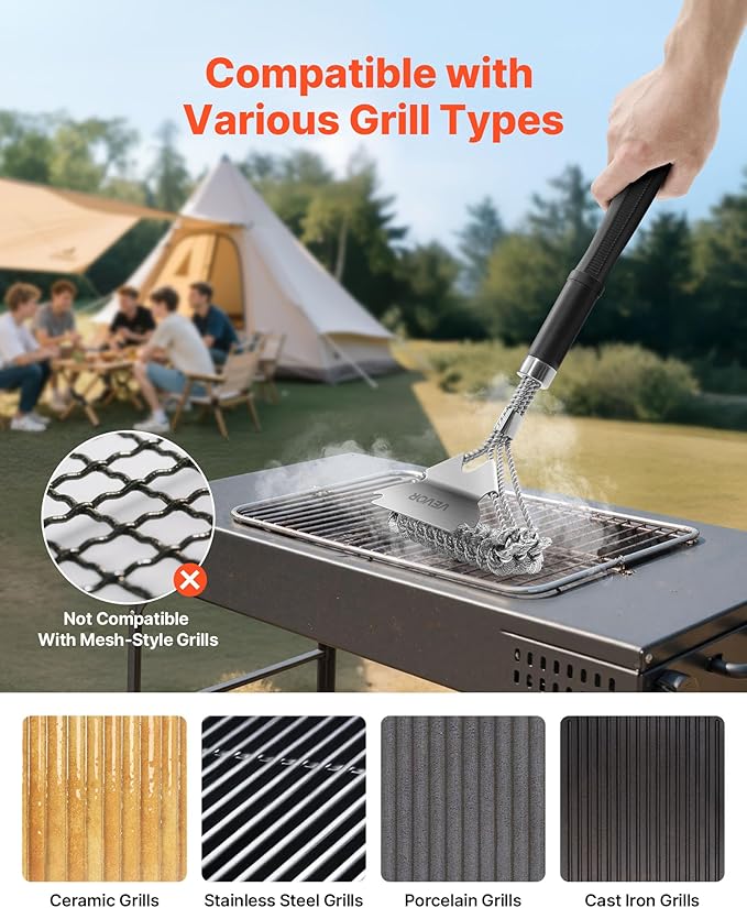 VEVOR Grill Brush and Scraper, BBQ Brush for Outdoor Grills, Stainless Steel Woven Wire, Bristle Free Barbecue Brushes for Porcelain, Charcoal, Grate Cleaner Grill Accessories, 17 in