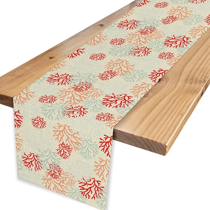 Coral Table Runner, Red Nautical Rustic Coastal Farmhouse Tropical Ocean Undersea Coffee Table Center Decor for Home Kitchen Dining Patio Holiday Party Table Decorations 13"x36"