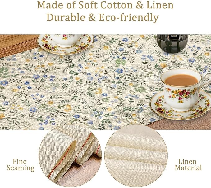 Rustic Flower Table Runner, Spring Sage Green Eucalyptus Leaves Watercolor Floral Flower Plant Leaves Print Table Cover for Dinning Holiday Home Picnic Party Decor, 13x108inch