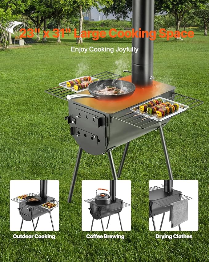 VEVOR 118" Camping Wood Stove, Portable Alloy Steel Tent Stove with 3000in³ Firebox, Outdoor Heating & Cooking Stove with Chimney Pipes & Gloves, Includes 8 Pipes for Efficient Heating