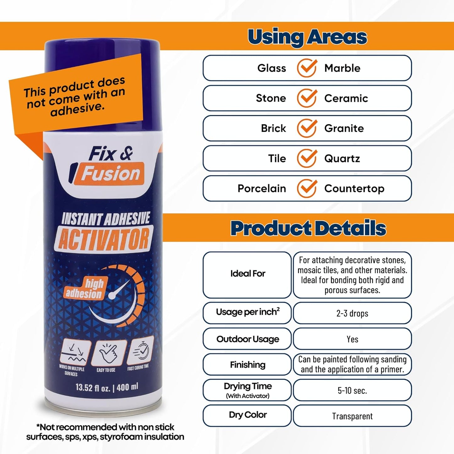 FIX & FUSION Activator Spray (13.5 Fl Oz), Instant Cure Accelerator for Cyanoacrylate (CA) Super Glue for Wood, Plastic, Rubber, Granite, and DIY & Professional, Accelerates Bonding Strength, (6 Pack)