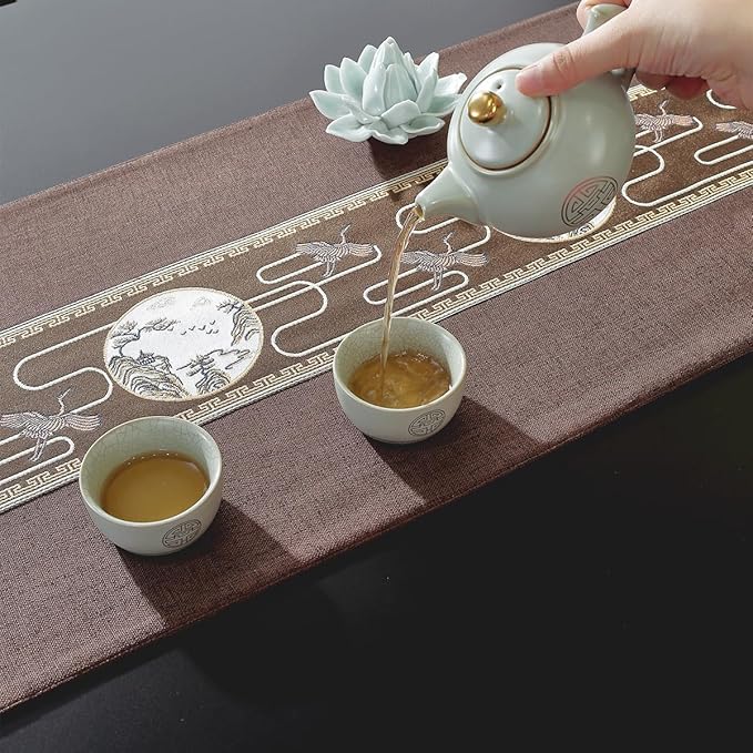 Embroidered Tassel Table Runner Chinese Style Landscape Painting Waterproof Cotton Linen Holiday Kitchen Dining Table Decoration for Home Party Decor 13x72 Inch (Brown)