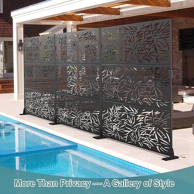 Metal Privacy Screen Outdoor Freestanding Privacy Wall Panels and Decorative Patio Dividers, Crafted from Steel with Sun-Proof Design, Ideal for Patio, Deck, Garden,72" H×47" L（Black&Bamboo）