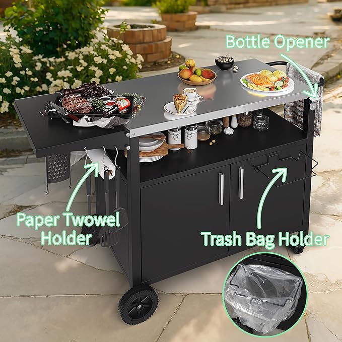 Shintenchi Outdoor Grill Cart Table with Stainless Steel Top for Kitchen Prep and BBQ, Outdoor Kitchen Island Table with Side Handle, Multifunctional Outdoor Grill Table, Black