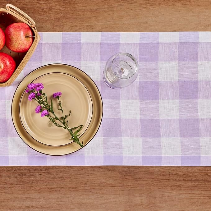Solino Home Linen Checkered Table Runners 72 Inches Long - 100% Pure Linen Misty Lavender Buffalo Check Table Runner 14 x 72 Inch Ideal for Dresser, Dining, Valentines, Spring, Easter
