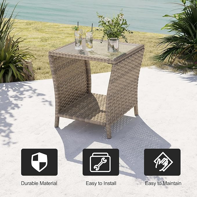 kinbor Small Patio Table - Tempered Glass Top Small Outdoor Wicker Side Table with Storage Shelf for Patio, Balcony & Porch, Durable PE Rattan & Iron Frame