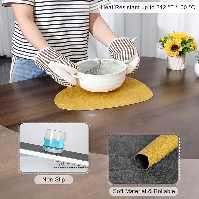 Placemats and Coasters, Washable Reversible Placemats Round Faux Leather Wipeable Place Mats Non Slip Heat Resistant Indoor Outdoor Table Mats (Set of 4, Gray Yellow)