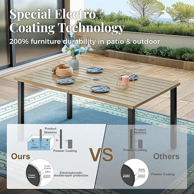 Outdoor Patio Dining Table for 6, 60" x 36" Rectangular Metal Patio Dining Table with Umbrella Hole and Wood-Like Tabletop, All Weather Wrought Iron Outdoor Table for Backyard and Porch
