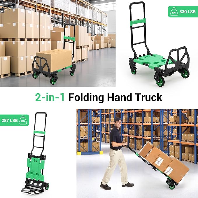 2-in-1 Folding Hand Truck with Basket, Heavy Duty 330LBS Collapsible Cart, Convertible Dolly & 4-Wheel Portable Shopping Cart for Groceries, Travel, Moving - Green