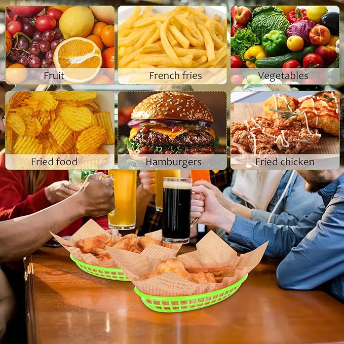 20 Pack Plastic Fast Food Baskets, 8.8" × 5.5" Small Oval Restaurant Serving Baskets Tray for Burgers, Sandwiches, Hot Dogs, Parties, Food Trucks, Reusable or Disposable, Stackable(Green)
