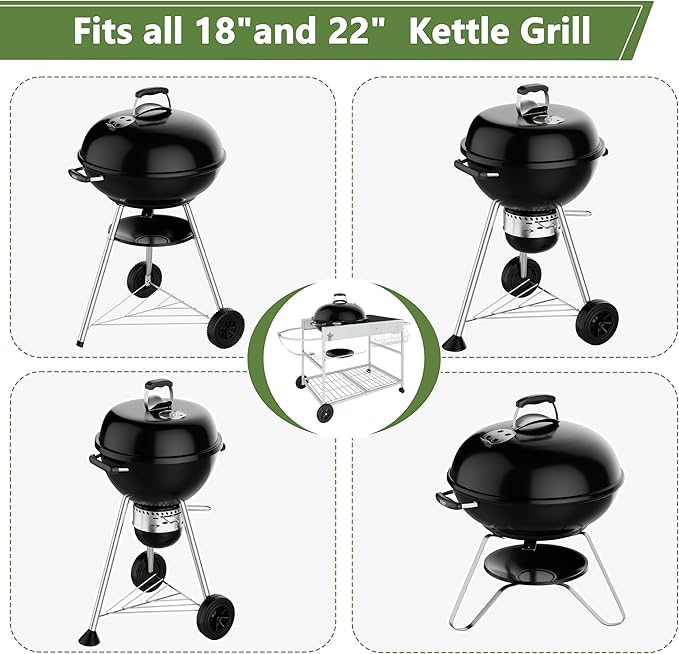 Shintenchi Grill Table for Weber 22" & 18" Original Kettle, Outdor Grill Cart with Wheels, Movable Outdoor Prep Table Cooking Station for JumboJoe and Master-Touch Charcoal Grill