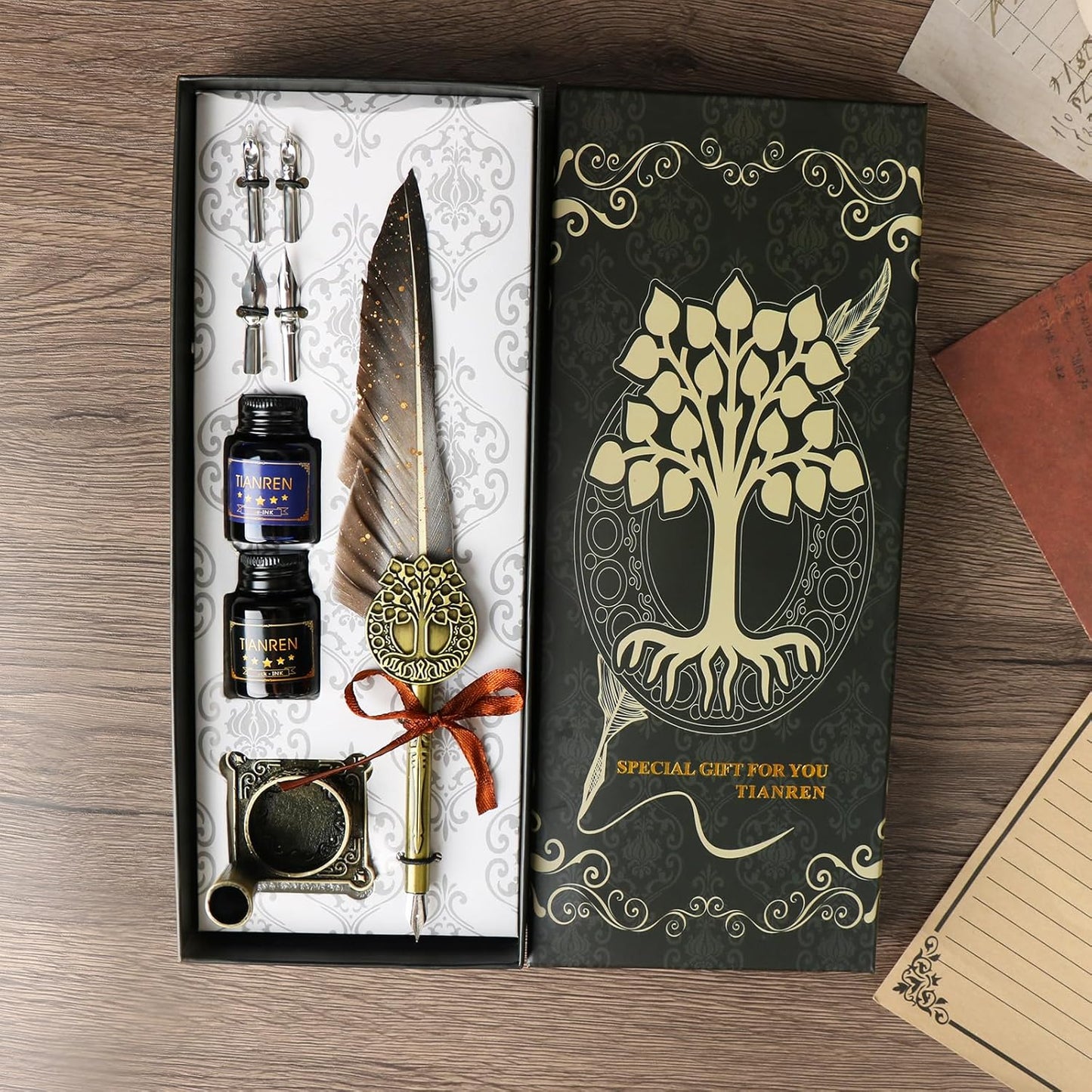 Feather Pen and Ink Set,quill pen ink set,Antique Calligraphy Pen with 4 Replaceable Nibs,2 Bottle of ink,Pen Holder Christmas Gift for Men&Women.(Gray)