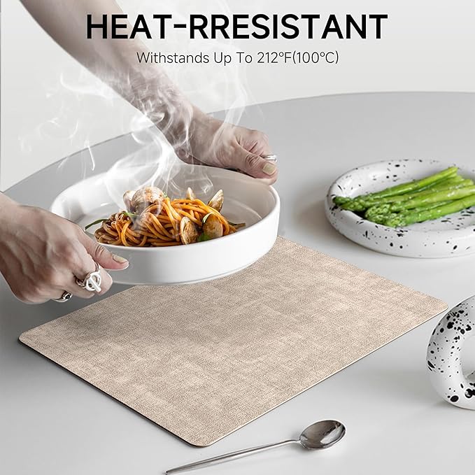 Faux Leather Vinyl Placemats Set of 4 Wipeable Heat Resistant Place Mats 100% Washable - Waterproof - Anti Slip Reversible Table Mats for Kitchen/Dining/Party/Outdoor, 12" x 16.5", Khaki & Black