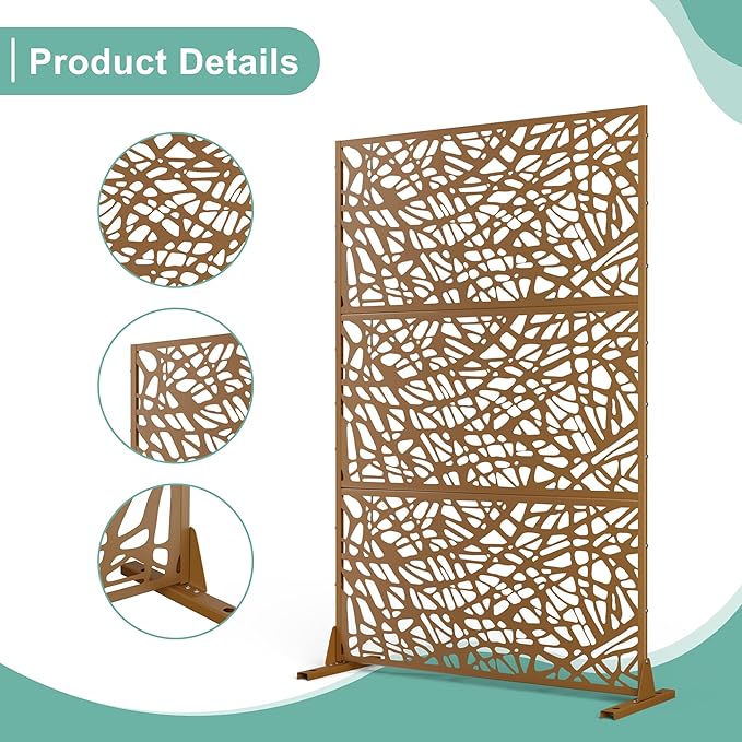 Metal Privacy Screen for Outdoor & Indoor Use, Free Standing Privacy Screen for Patio Garden Pool, 72" H x 47" W Decoative Privacy Panels, Weather Resistant, Easy Assembly (Brown Net)