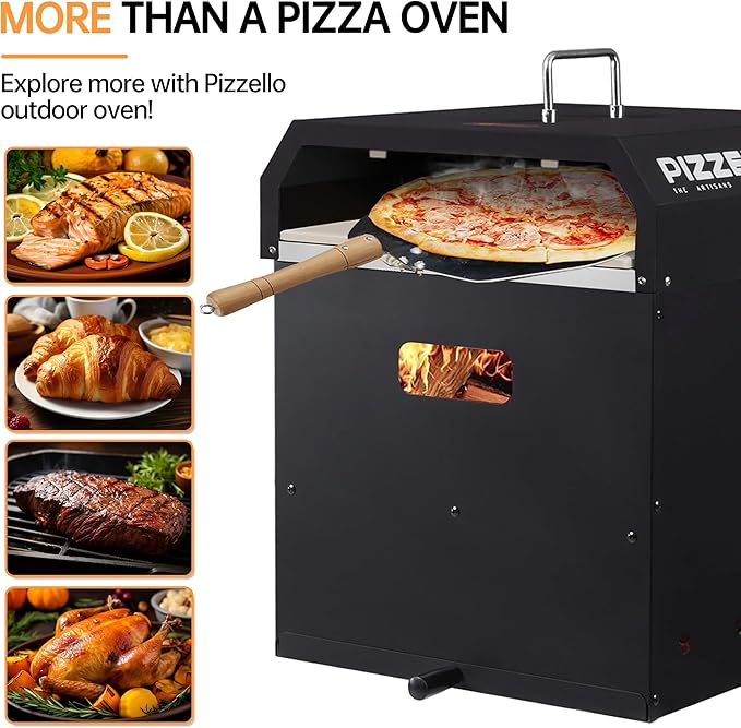 PIZZELLO 4-in-1 Outdoor Pizza Oven 16" Wood Fired Outside Oven 2-Layer Detachable Pizza Maker with Pizza Stone, Pizza Peel, Cover, Cooking Grill Grate, Pizzello Gusto
