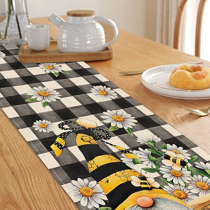 Seliem Spring Bee Gnome Table Runner, Honey Black White Buffalo Plaid Check Home Kitchen Dining Decor, Summer Seasonal Farmhouse Daisy Decorations Indoor Outdoor Anniversary Party Supply 13 x 48 Inch