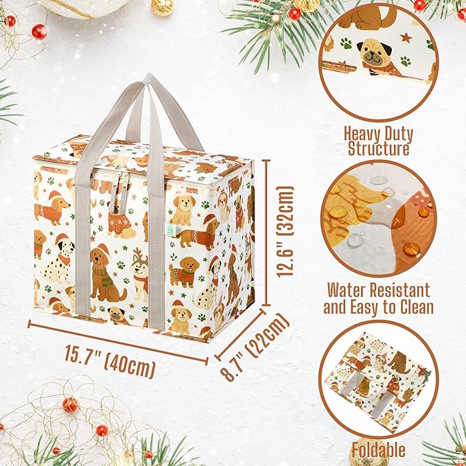 VENO 2 Pack Cooler Bag, Insulated Grocery Bags for Food Delivery, Collapsible Cooler, Reusable Shopping Bags for Groceries, Hard Bottom, Zippered, Foldable, Christmas Pattern (Holiday Pups, 2 Pack)