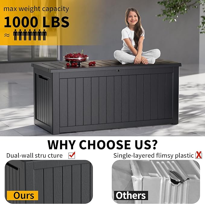 200 Gallon Deck Box, Resin Outdoor Indoor Waterproof Storage Box, Lockable Storage Box With Handle for Patio Furniture - Garden Tools - Swimming Pool Tools UV Resistant, Black - 200