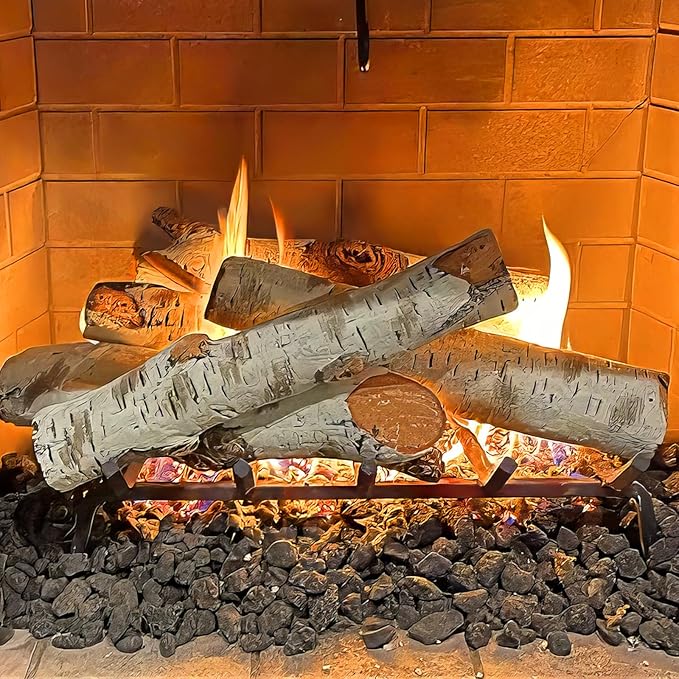 Gas Fireplace Logs, Birch Logs 7pcs Fake Fireplace Insert, Faux Ceramic White Birch Wood Firepit Firebowl Indoor or Outdoor Decor