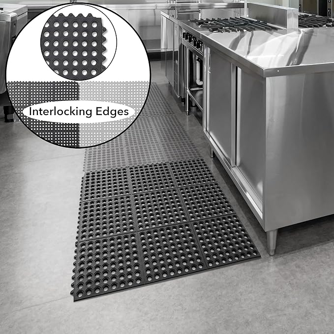 GRIDMANN Rubber Interlocking Floor Mat, 36" x 36" Non-Slip Anti-Fatigue Drainage Mat for Restaurants, Commercial Kitchens, Bar Floors, Black
