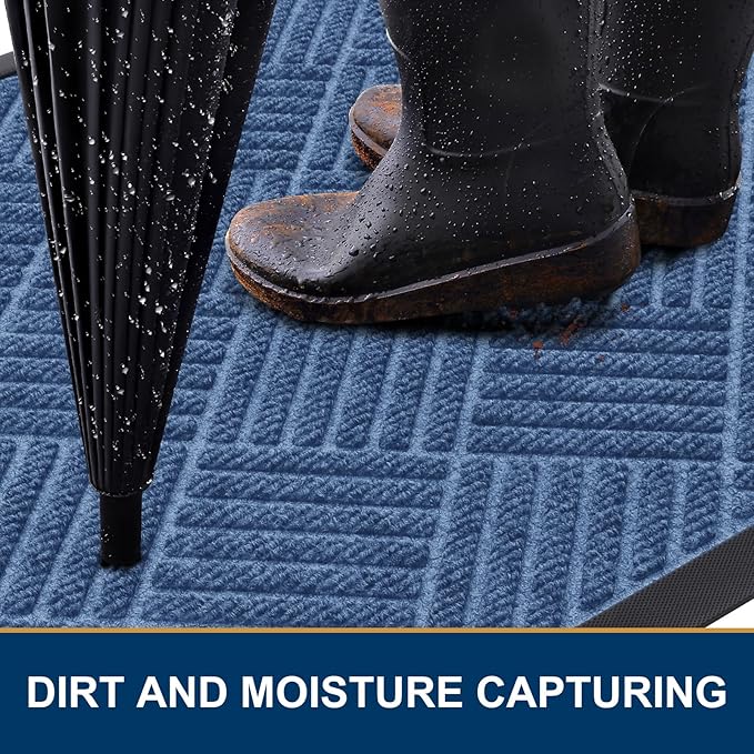 Smiry Front Door Mat Outside Entrance, Heavy Duty Outdoor Indoor Mat, Natural Rubber Doormat, Non Slip, Trap Dirt and Moisture, Easy Clean, Low Profile Patio Porch Entryway Mat, 59x35, Blue