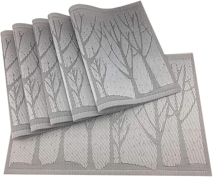 Gugrida Place Mats PVC Set of 6, Table Placemats Set of 6 PVC Woven Vinyl Place Mats Table Mats Natural Color (6 pcs, Silver Tree)