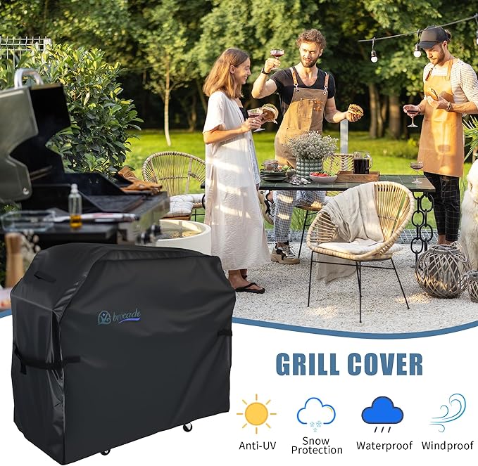 Grill Cover, Heavy Duty BBQ Grill Cover for Outdoor Grill, Waterproof, Anti-UV, Rip-Proof, Barbecue Cover with Adjustable Straps, Compatible for Weber, Charbroil, etc. Black (52'' x 26'' x 43'')