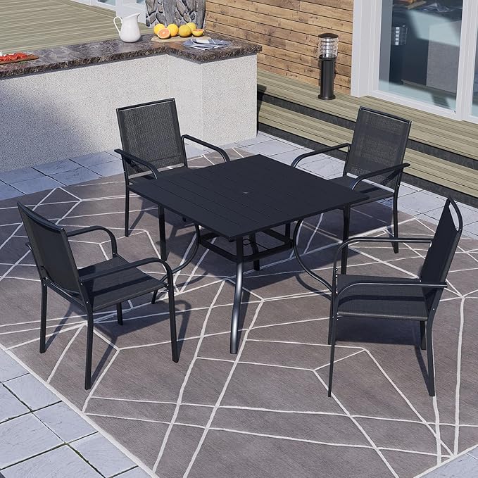 Patio Dining Square Table Outdoor Steel Table with Umbrella Hole 35" x 35" x 28" - Black