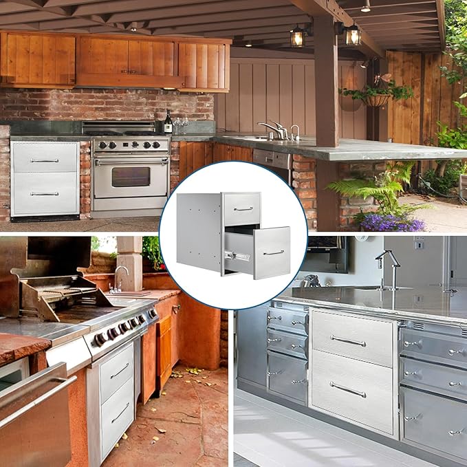 Outdoor Kitchen Drawers 14"Wx21"Hx21"D Flush Mount Access 2-Drawer BBQ Stainless Steel Drawers with Handle for Outdoor Kitchen Island or Grill Station