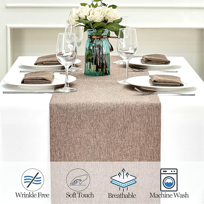 Mebakuk Linen Farmhouse Table Runner Large Burlap Style Soft and Waterproof Decorative Fabric Runner for Outdoor Wedding and Dinner (14 x 72 Inch, Flaxen)