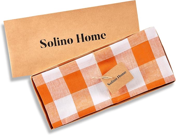 Solino Home Linen Checkered Table Runner 156 Inches Long - 100% Pure Linen Pumpkin and White Buffalo Check Extra Long Table Runner 14 x 156 Inch Ideal for Dining
