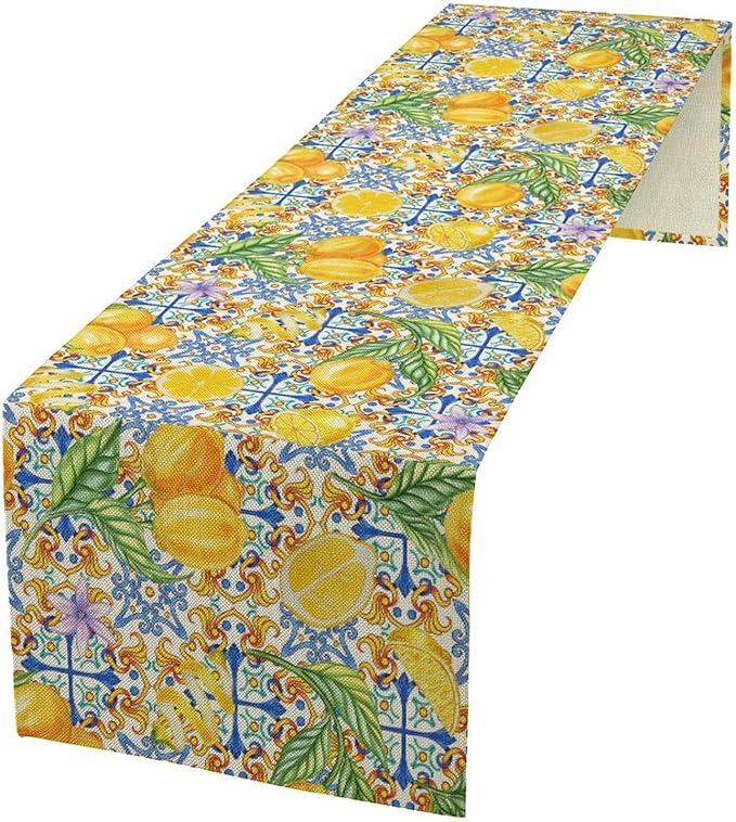 Lemon Tiles Table Runner, Blue Yellow Kitchen Summer Flower Table Runner for Home Kitchen Indoor Outdoor Patio Party 13x36in