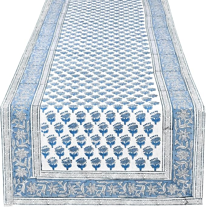CPC Cotton Table Runner 16x90 Inch Block Printed Long Fall Table Runner for Dining Table, Card Table, Coffee Table, Wedding, Farmhouse & Outdoor Barbeque-Apatite Blue