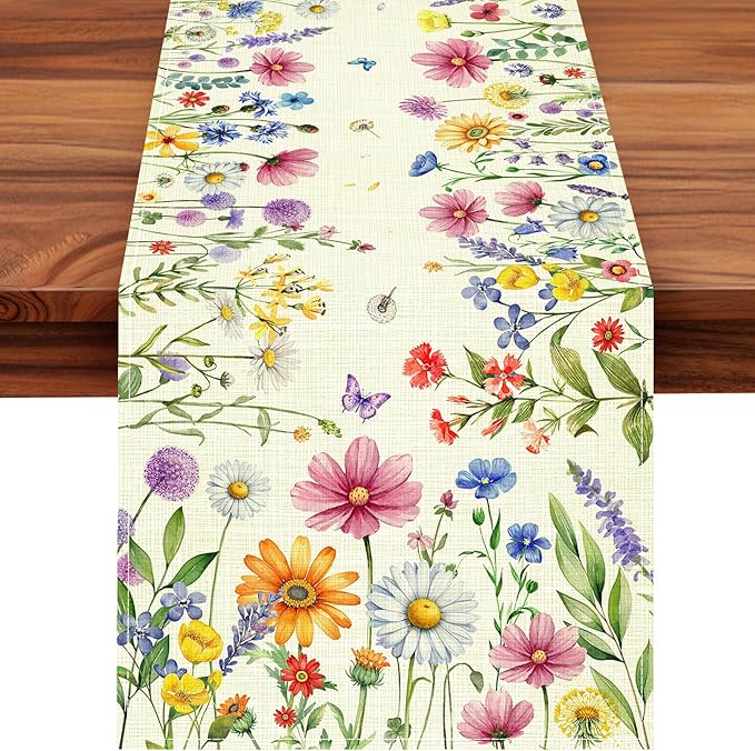 Daisy Tulip Lavender Floral Leaves Summer Table Runner, Spring Home Kitchen Dining Table Decorations Seasonal Holiday Party Decor 13×72 Inches (Colorful Flowers 1)