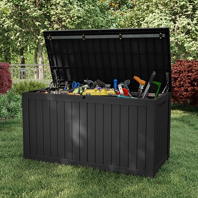EasyUp 180 Gallon Outdoor Storage Box, Resin Waterproof UV-Resistant Deck Box with Hydraulic Lid Support, Reinforced Stability for Patio, Garden, and Poolside, Black