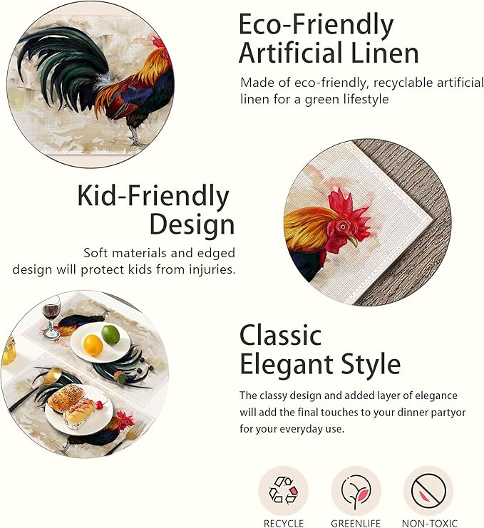 Hand-Painted Rooster Art Placemats Set of 6,Waterproof Non-Slip Washable Table Mats Set for Kitchen Dining Holiday Party Wedding Decor 12x18 Inch