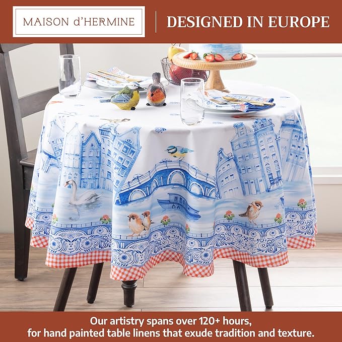 Maison d'Hermine Table Cloth Round Table 100% Cotton Tablecloth for Dining Room, Farmhouse, Home, Hotel, Parties & Wedding - Ideal for Easter Decorations Spring & Summer (Amsterdam Canals, 63" Round)