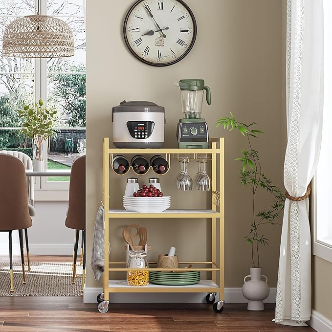 TUTOTAK Bar Cart - Serving Cart for Home - Microwave Cart, Drink Cart, Mobile Kitchen Shelf with Wine Rack and Glass Holder, Rolling Beverage Cart BC01BMG030