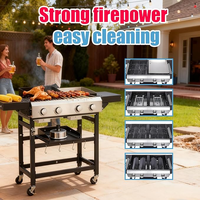 2-Burner Hybrid Grill with Flat Top, 38200 BTU for Backyard & Patio, Perfect for BBQ and Teppanyaki, Features Large Cooking Area & Durable Enamel Construction (2+2 PLANCHA)