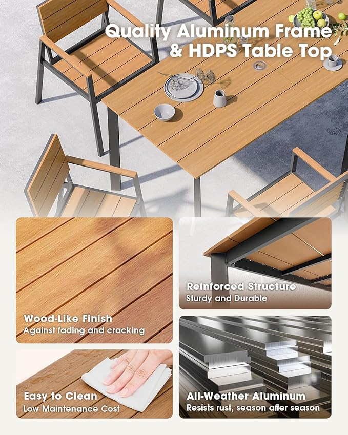 Outdoor Patio Dining Sets, Aluminum&HDPS 5 Piece Dining Table Set with Umbrella Hole, Modern Rectangular Patio Furniture Set with All-Weather Table and 4 Chairs (Gray & Teak)