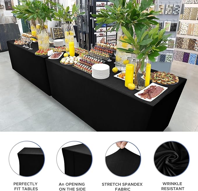 Nasitos Black Fitted Table Covers for 5 Foot Tables - 60 x 30 Inch - 2 Pack Stretch Spandex Rectangle Table Clothes, Fabric Tablecloths for Parties, Trade Show, Craft Show, Birthday