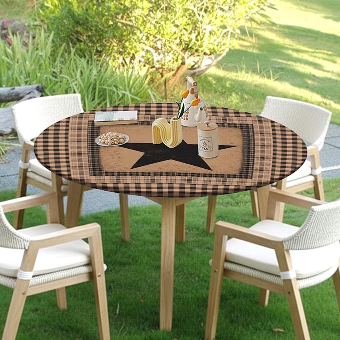 Western Texas Star Round Fitted Tablecloth with Elastic Vintage Black Brown Plaid Circle Table Cover for 44-48" Round Tables Stretch Waterproof Rustic Country Table Cloth for Kitchen Dining Patio