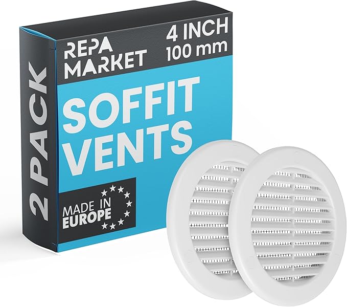 Repa Market 4 Inch (Opening) White Round Air Vent Cover - Pack of 2 Plastic Fresh Air Intake Vent - Grill Cover with Nylon Mesh Screen - Wall or Ceiling HVAC Return Air Register - Modern Soffit Vents