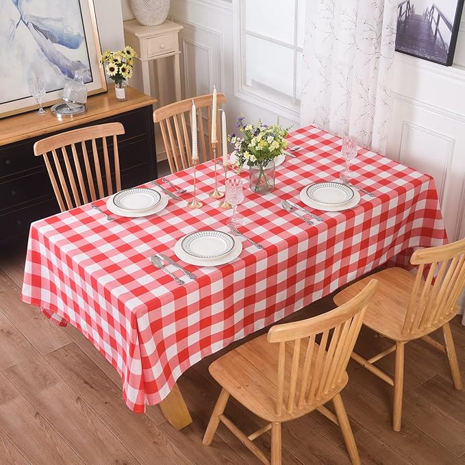 Cupuamon 2 Pack Waterproof Polyester Fabic Rectangle Checkered Tablecloth，60x120 Outdoor Table Cloth，Oil Stain Prevention Table Cloth for Pinics and Parties（Red and White）